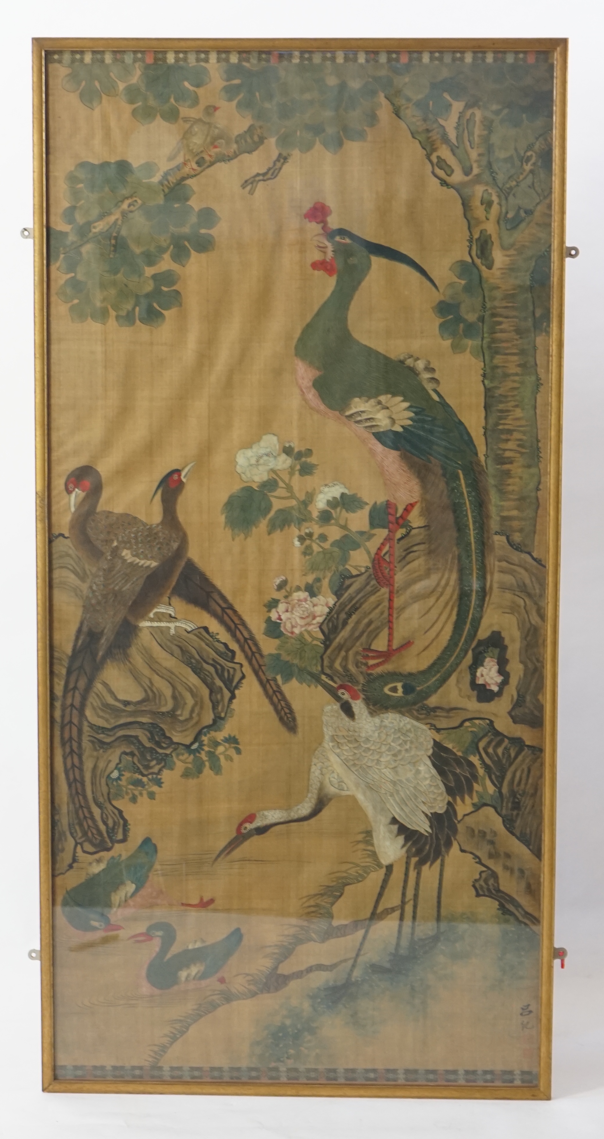 A large Chinese painting on silk of birds, late 19th/early 20th century, signed Lu Ji